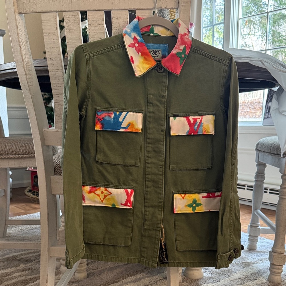 Army Green Cargo Jacket with Colorful Faux Louis Vuitton Accents